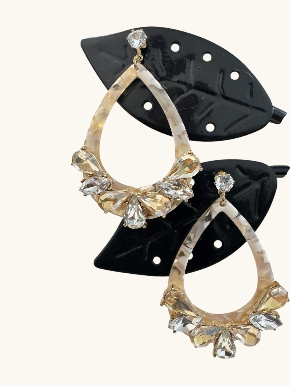 Statement Teardrop Rhinestone Earrings Cream Marble Acrylic Gold Tone Dangle